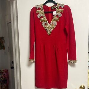 Don Sayres Vintage 80s Red Long Sleeve Knit Dress with Gold and Pearl Beads Med
